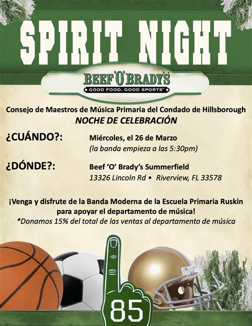 spirit night miércoles 26 de marzo 5:30 pm